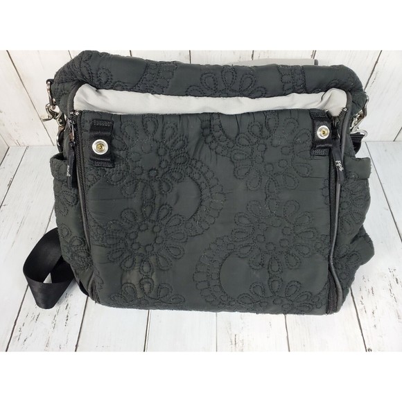 Petunia Pickle Bottom Diaper Bag Cross Body Backpack Quilted Black Floral Design - Picture 3 of 12
